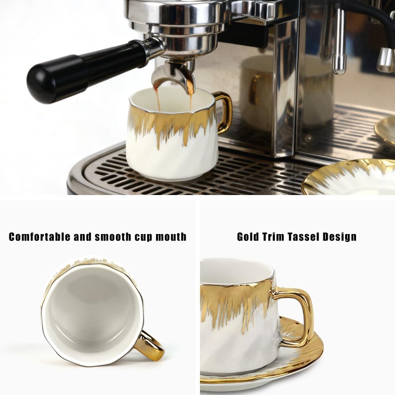 Hebaogugu Coffee Cup Set of 6 with Saucers, 3.5 OZ Ceramic Espresso Cups Set, Gold Trim Turkish Coffee Cup Gift for Cappuccino, Latte, Cafe Mocha and Tea, Dishwasher & Microwave Safe - Image 5