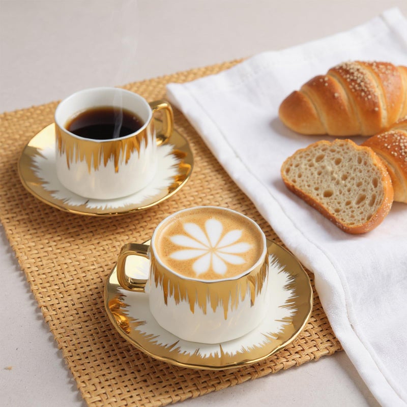 Hebaogugu Coffee Cup Set of 6 with Saucers, 3.5 OZ Ceramic Espresso Cups Set, Gold Trim Turkish Coffee Cup Gift for Cappuccino, Latte, Cafe Mocha and Tea, Dishwasher & Microwave Safe - Image 4