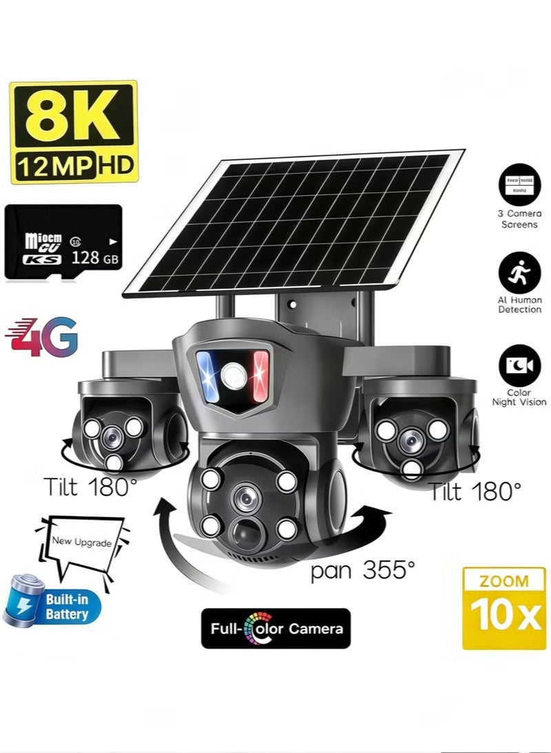 4G Secruity Camera, 8K, True Triple Lens Triple View PTZ 360 Full Color Night Vision Outdoor PIR Human Detection, motion detection and red - blue alerts, 3 lenses show 3 views, 2 Way Audio, With 128GB SD Card - Image 1
