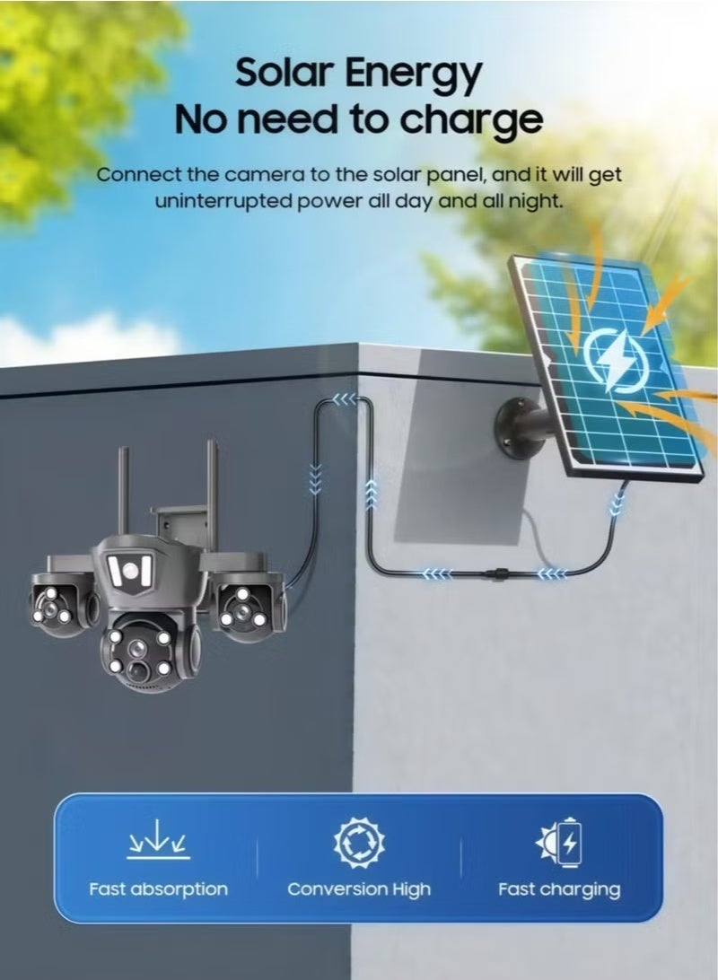 4G Secruity Camera, 8K, True Triple Lens Triple View PTZ 360 Full Color Night Vision Outdoor PIR Human Detection, motion detection and red - blue alerts, 3 lenses show 3 views, 2 Way Audio, With 128GB SD Card - Image 2