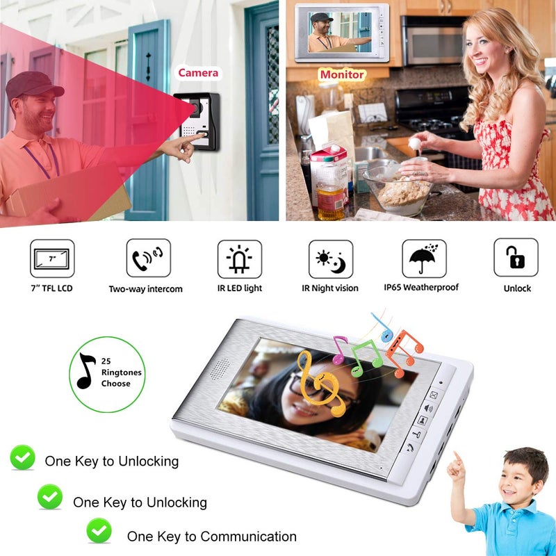 AMOCAM نظام جرس الباب بالفيديو AMOCAM مع كابل، 3 قطع شاشة LCD بحجم 7 بوصات وكاميرا HD، مجموعة جرس الباب بالفيديو، تدعم المراقبة، الفتح، الاتصال الثنائي الاتجاه، رؤية ليلية بالأشعة تحت الحمراء، داخلي وخارجي - Image 5