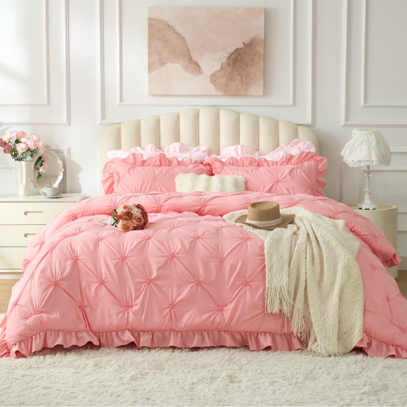 BEDELITE Pink Comforter Set Queen - 3 Pieces Boho Ruffle Pintuck Bedding Comforter Sets, Lightweight Soft & Warm Bed Comforter with 2 Pillowcases for Spring,Valentines Day Gift - Image 1