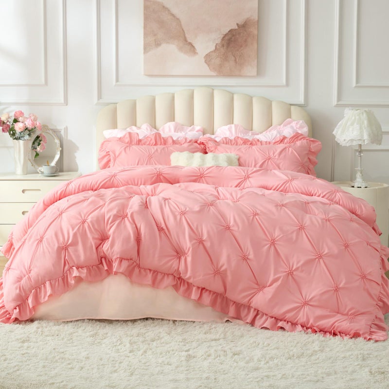 BEDELITE Pink Comforter Set Queen - 3 Pieces Boho Ruffle Pintuck Bedding Comforter Sets, Lightweight Soft & Warm Bed Comforter with 2 Pillowcases for Spring,Valentines Day Gift - Image 2