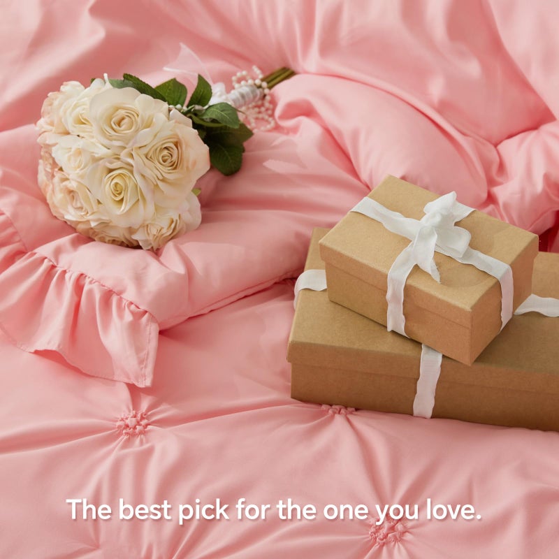 BEDELITE Pink Comforter Set Queen - 3 Pieces Boho Ruffle Pintuck Bedding Comforter Sets, Lightweight Soft & Warm Bed Comforter with 2 Pillowcases for Spring,Valentines Day Gift - Image 4