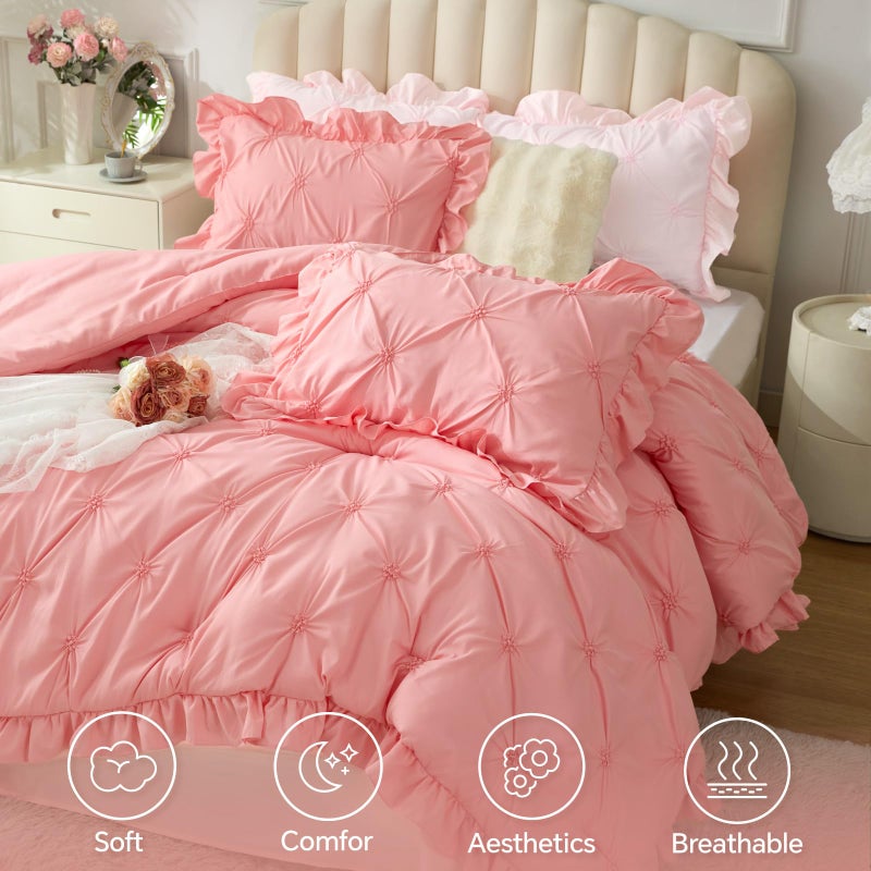 BEDELITE Pink Comforter Set Queen - 3 Pieces Boho Ruffle Pintuck Bedding Comforter Sets, Lightweight Soft & Warm Bed Comforter with 2 Pillowcases for Spring,Valentines Day Gift - Image 3