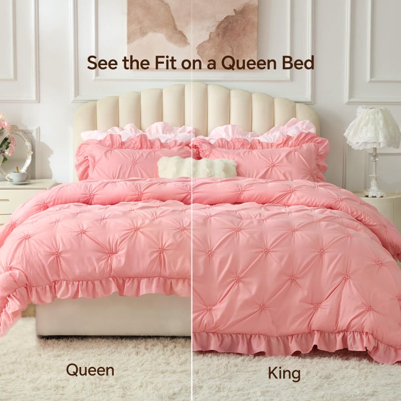BEDELITE Pink Comforter Set Queen - 3 Pieces Boho Ruffle Pintuck Bedding Comforter Sets, Lightweight Soft & Warm Bed Comforter with 2 Pillowcases for Spring,Valentines Day Gift - Image 5