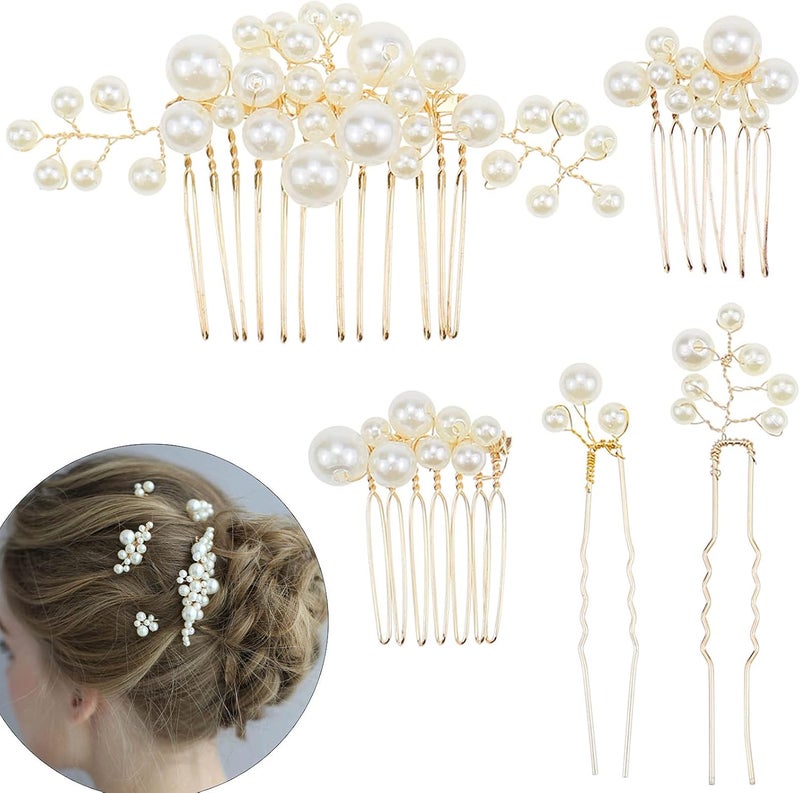 DonLeeving 5 Pcs Bridal Pearl Hair Comb Hairpin Handmade Pearl Hair Slides Rhinestone Bridal Headpiece Hair Accessories for Women