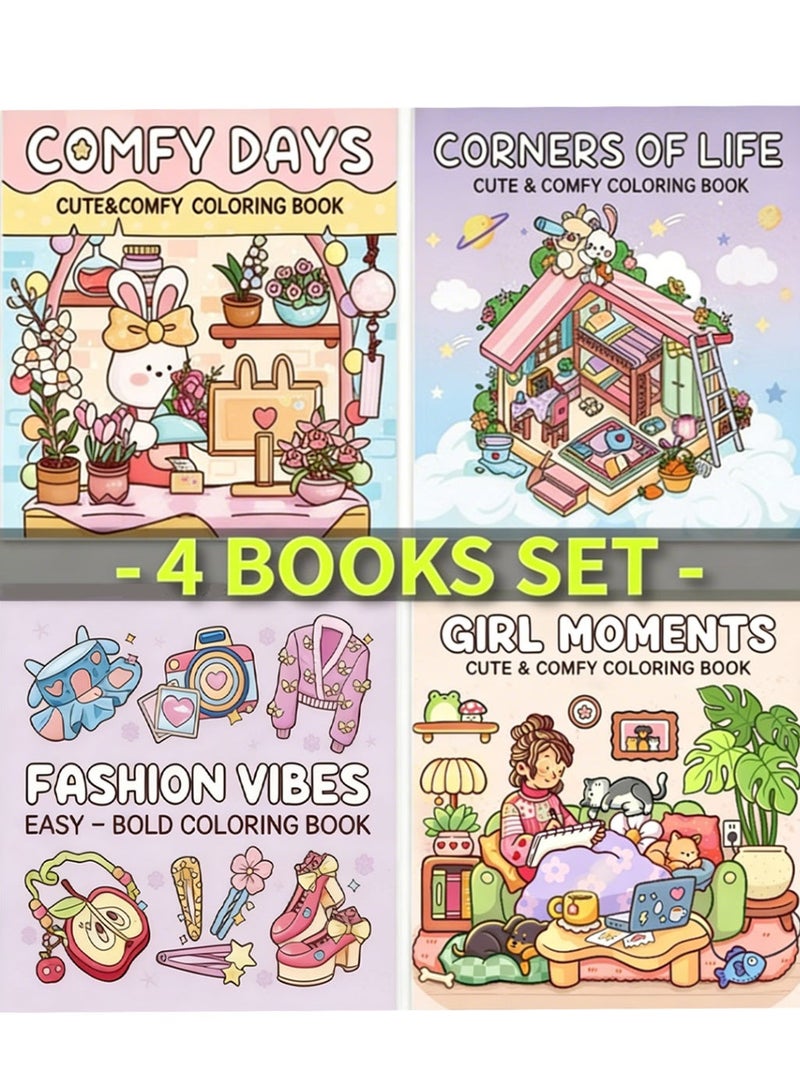 Bincoo Cute & Comfy Coloring Book Set - Comfy Days, Corner of Life, Fashion Vibes, Girl Moments - Thick Paper, Single-Page Design, Stress Relief for Adults & Kids - Perfect Creative Gift for Artists & Families (4 Books, 40 Pages Each) - Image 1