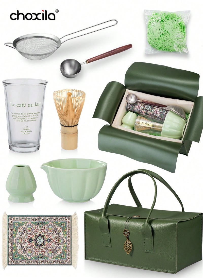 choxila 7pcs Matcha Traditional Starter Set, Matcha Whisk Set, Matcha Tea Making Kit Set, Matcha Gift Set with Bag,   Includes Matcha Bowl, Bamboo Matcha Whisk, Tea Scoop, Whisk Holder, Matcha Sifter, Tea Cup, Tea Mat - Image 1