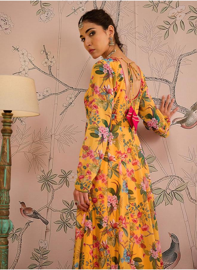 SASSAFRAS - Floral Print Round Neck Anarkali Kurta by Styli - Image 1