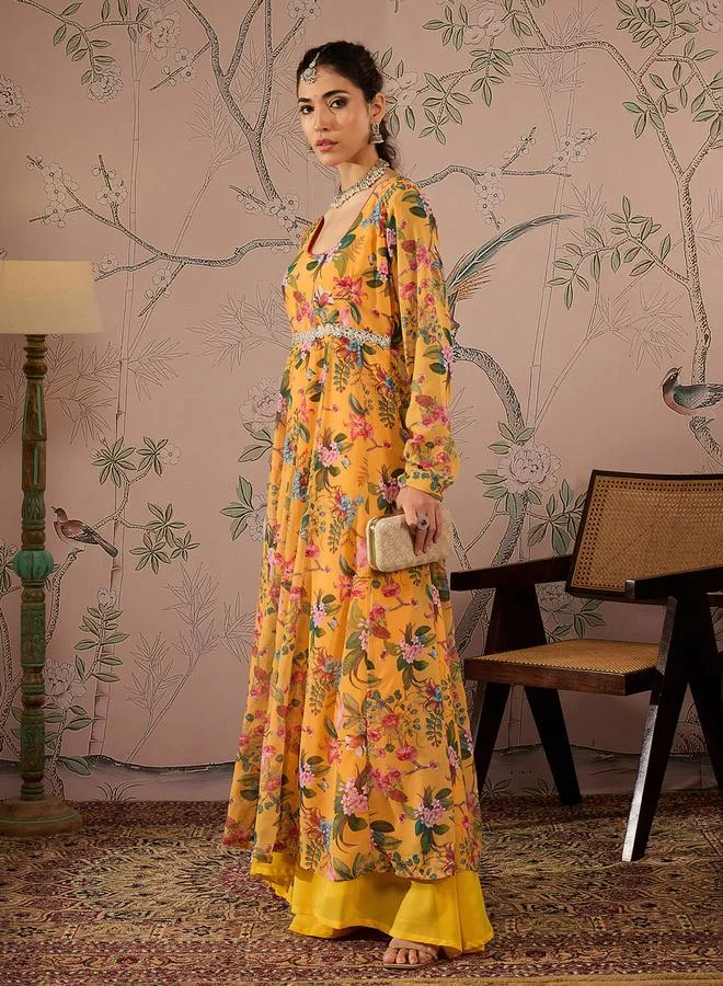 SASSAFRAS Floral Print Round Neck Anarkali Kurta by Styli