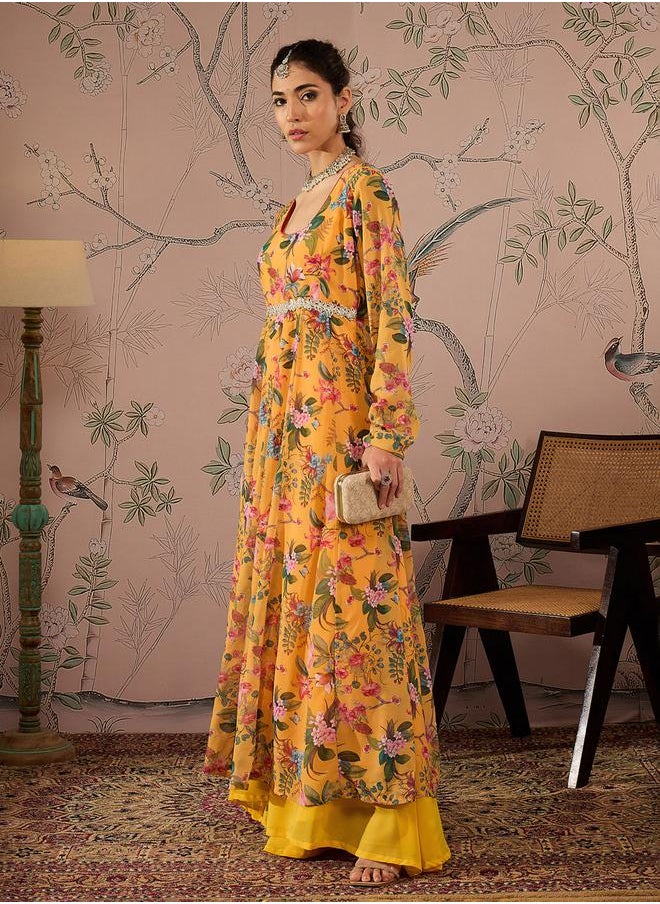 SASSAFRAS - Floral Print Round Neck Anarkali Kurta by Styli - Image 1