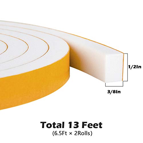 ToLanbbt White Weather Stripping for Doors Windows, Closed Cell Windows Sealing Tape Neoprene Foam Rubber Seal Strip Gasket Tape 1/2" Wide X 3/8" Thick, 6.5 Ft X 2 Rolls, Total 13 Feet - Image 2