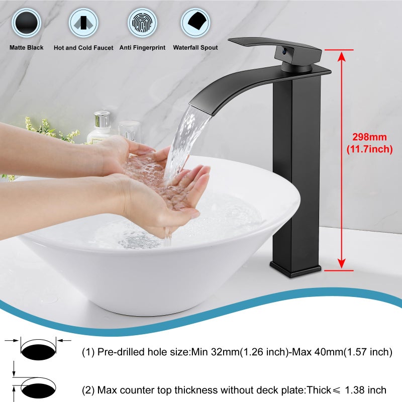 Midanya Bathroom Sink Faucet Waterfall Spout Single Handle 1 Hole Deck Mount Mixer Tap Lavatory Vanity Vessel Faucet Commercial With Pop Up Drain Tall  Matte Black - Image 2