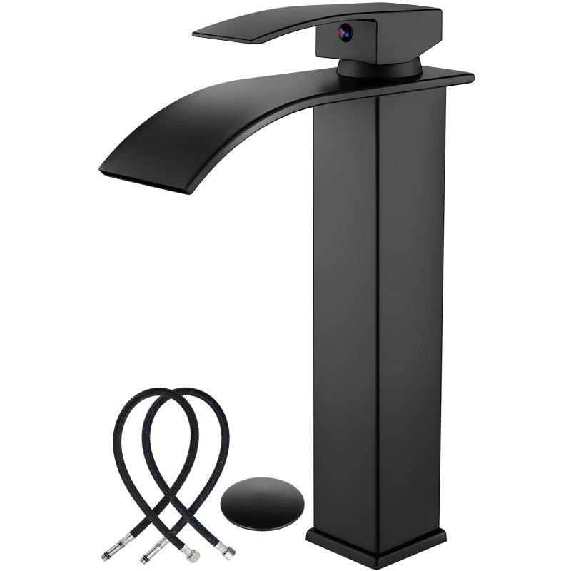 Midanya Bathroom Sink Faucet Waterfall Spout Single Handle 1 Hole Deck Mount Mixer Tap Lavatory Vanity Vessel Faucet Commercial With Pop Up Drain Tall  Matte Black - Image 1