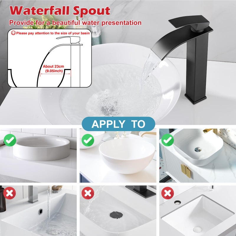 Midanya Bathroom Sink Faucet Waterfall Spout Single Handle 1 Hole Deck Mount Mixer Tap Lavatory Vanity Vessel Faucet Commercial With Pop Up Drain Tall  Matte Black - Image 5