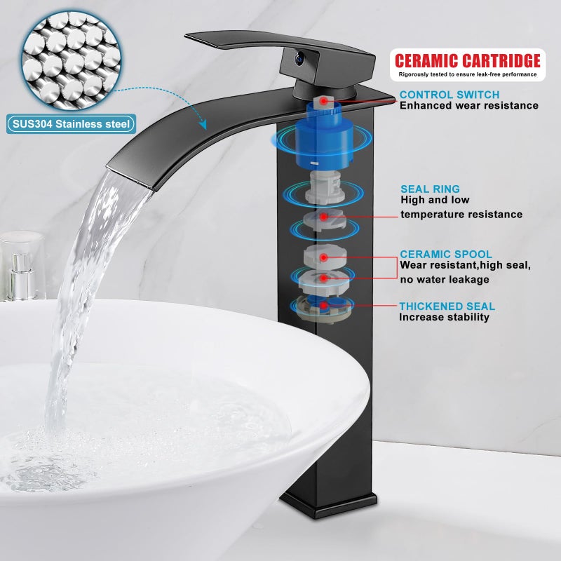 Midanya Bathroom Sink Faucet Waterfall Spout Single Handle 1 Hole Deck Mount Mixer Tap Lavatory Vanity Vessel Faucet Commercial With Pop Up Drain Tall  Matte Black - Image 3