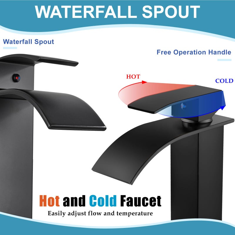 Midanya Bathroom Sink Faucet Waterfall Spout Single Handle 1 Hole Deck Mount Mixer Tap Lavatory Vanity Vessel Faucet Commercial With Pop Up Drain Tall  Matte Black - Image 4