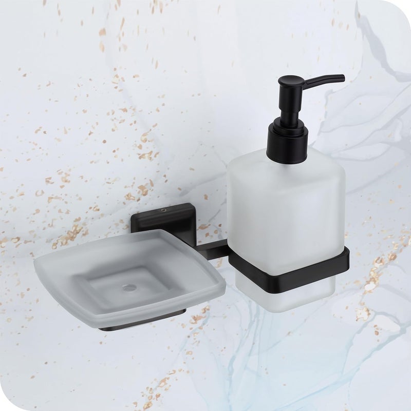 KANJAL Liquid soap Dispenser with soap case Holder for washbasin Liquid Dispenser and saop Dish for Bathroom soap Holders dispensers 42304 Stainless SteelBlack PVD FinishFrosted Glass - Image 1