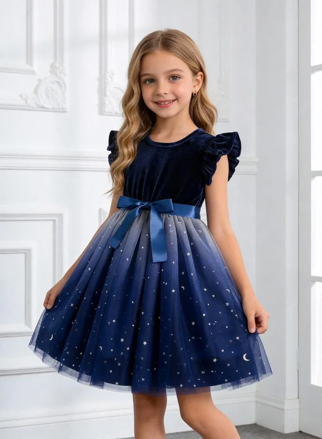 Take Two navy blue Girls Embellished Ruffle Sleeve Mesh Dress With Bow Detail for Women | Best Price UAE