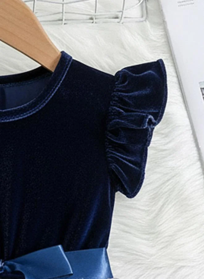 Take Two navy blue Girls Embellished Ruffle Sleeve Mesh Dress With Bow Detail for Women | Best Price UAE