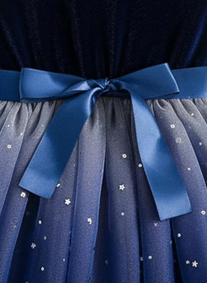 Take Two navy blue Girls Embellished Ruffle Sleeve Mesh Dress With Bow Detail for Women | Best Price UAE