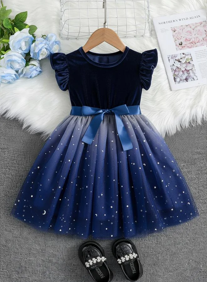 Take Two Girls Embellished Ruffle Sleeve Mesh Dress with Bow Detail