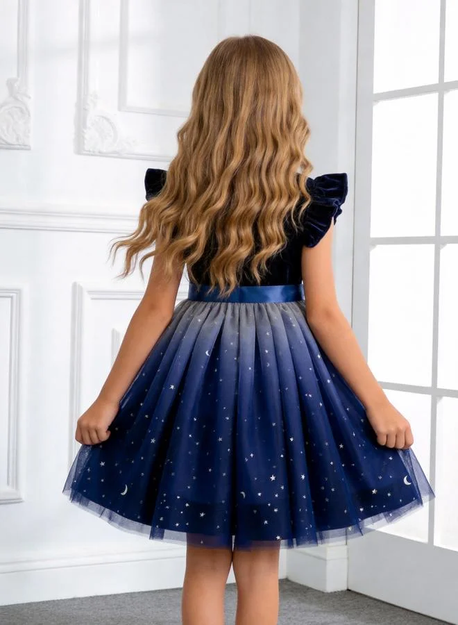 Take Two navy blue Girls Embellished Ruffle Sleeve Mesh Dress With Bow Detail for Women | Best Price UAE
