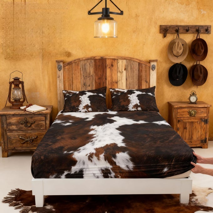COWHIDE PRINT FITTED SHEET TWIN SIZE 2 PCS COW FUR PATTERN THEME BEDDING DEEP POCKET FOR HOME BEDROOM DECOR MAROON 1 FITTED SHEET1 PILLOWCASE NO FLAT SHEET