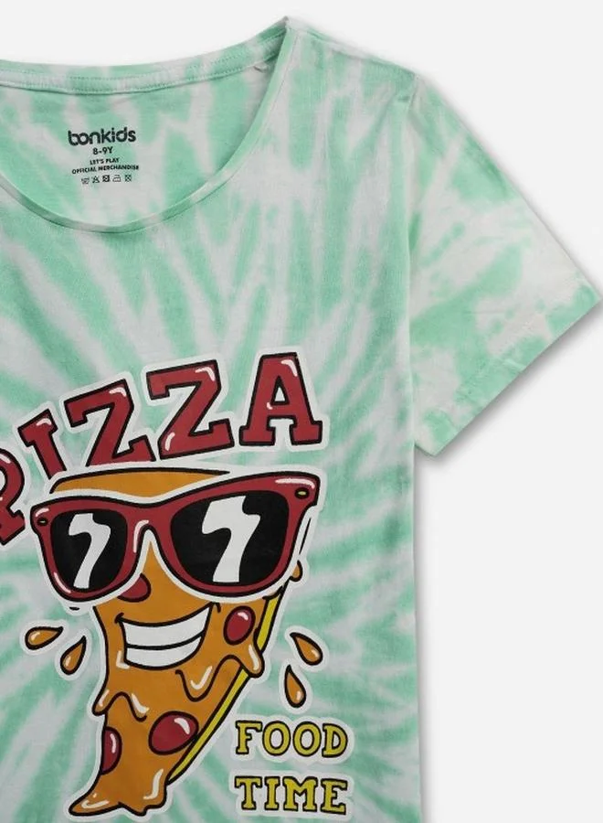 Bonkids Girl's t-shirts in regular fit green colour cotton fabric embellished pattern pull over closure woven weave type round collar type round neckline half sleeve length t-shirt upper body wear type suitable for casual occasions – where comfort meets vibrant creativity!