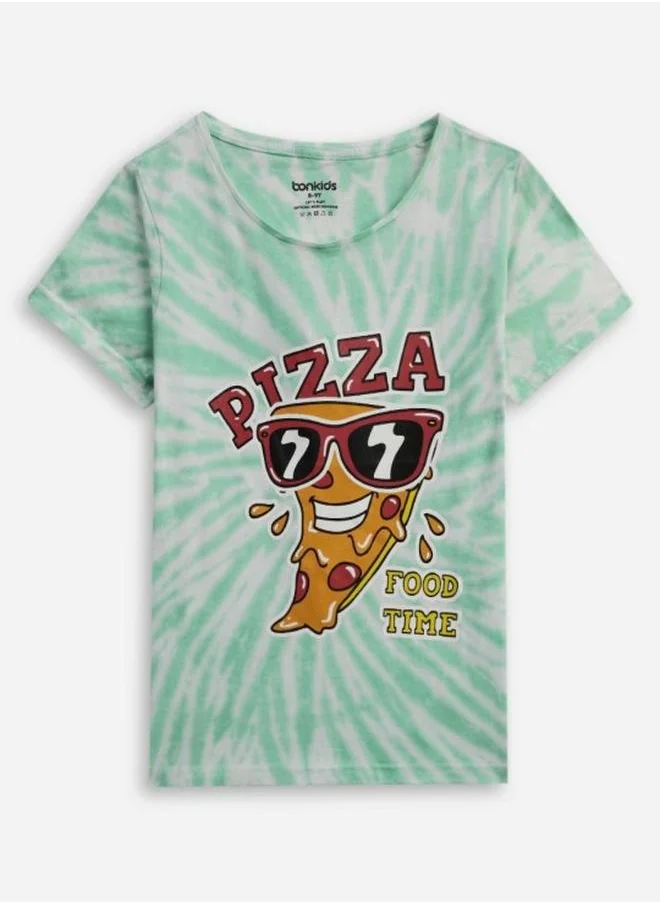 Bonkids Girl's t-shirts in regular fit green colour cotton fabric embellished pattern pull over closure woven weave type round collar type round neckline half sleeve length t-shirt upper body wear type suitable for casual occasions – where comfort meets vibrant creativity!