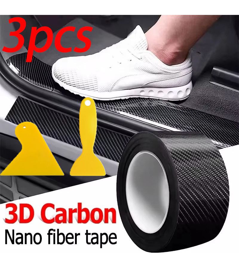 3 Pieces Set 118.11 x 3.94 Inch Carbon Nanofiber Tape With 2 Scrapers Protective Film For Car Bumper Sill Waterproof Scratch Resistant Black - Image 3