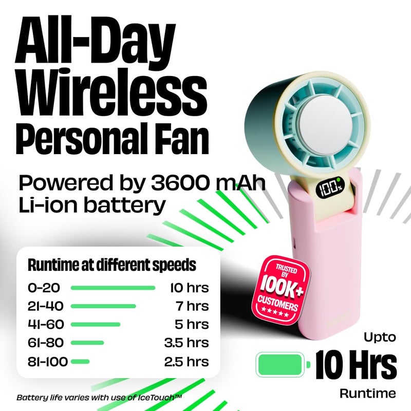 NUUK BFF Personal Hand Fan, 13000 RPM with IceTouch™ | 3600 mAh USB Rechargeable Battery [Up to 10H] | Portable Mini Fan | 100-Speed Dial | For Travel, Office, Makeup & Outdoor | 12-Month Warranty - Image 3