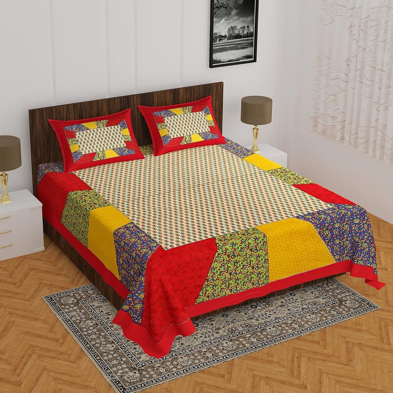 Ealth Kart Cotton Traditional Jaipuri Printed Bedsheet for Double Bed King Size with 2 Pillow Covers RedMulti - Image 2