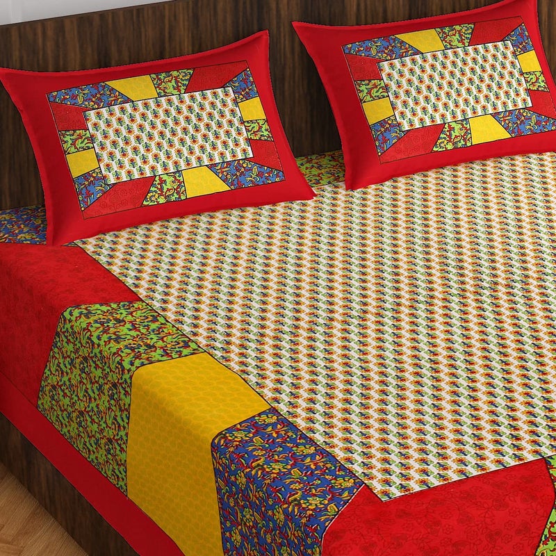 Ealth Kart Cotton Traditional Jaipuri Printed Bedsheet for Double Bed King Size with 2 Pillow Covers RedMulti - Image 1