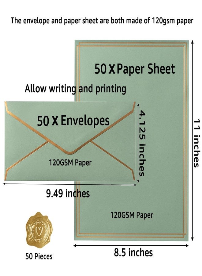 Topeen 50 Pack Sage-Green Stationery Set with Gold Border, #10 Business Envelopes and 8.5x11 Paper Sheets and Stickers for Writing Letters (Sage-Green) - Image 2
