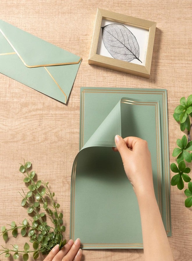 Topeen 50 Pack Sage-Green Stationery Set with Gold Border, #10 Business Envelopes and 8.5x11 Paper Sheets and Stickers for Writing Letters (Sage-Green) - Image 3