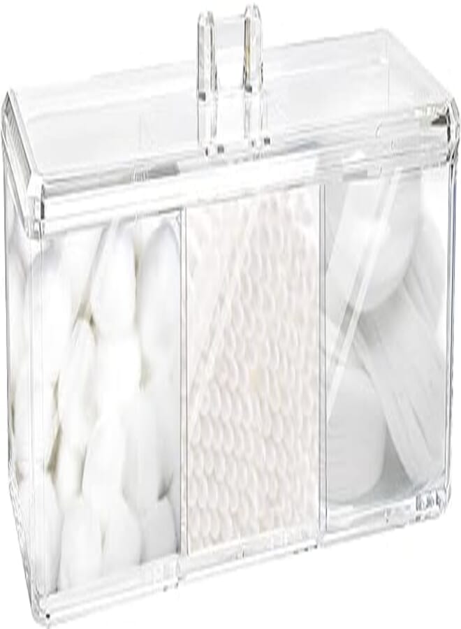 Square Qtip Holder Dispenser, 3 Compartments Cotton Ball Holder, Bathroom Canisters for Swab, Ball, Pad Organizer, Clear Acrylic Containers with Lid Vanity Countertop Rectangle and Swab Organizer