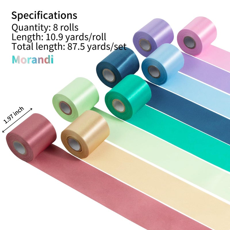 Mlurcu Morandi Rainbow Satin Ribbon 2 Inch Wide Colorful Ribbon 8 Rolls 87 Yds Assorted Bulk Ribbons Set for Christmas Easter Fiesta Party Baby Shower Birthday Wedding Decor Tassel Garland DIY Crafts - Image 2