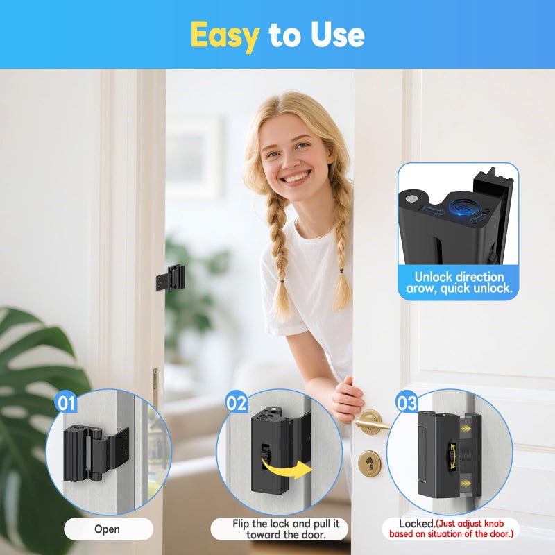 Mixizigoz Upgraded Aluminum Alloy Door Reinforcement Lock - Home Security Flip Deadbolt Door Latch with Screws - Withstands 800 lbs, Fits Inward Swinging Apartment, Bedroom (Black-1 Pc) - Image 5
