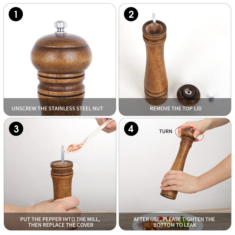 Haomacro Pepper Mill, Haomacro 10 inch Wood Salt Mill Pepper Shaker, Manual Pepper Grinder, Salt Shakers with Adjustable Ceramic Rotor - 1 Pack Refillable Oak Wood Pepper Grinder for Your Kitchen - Image 3