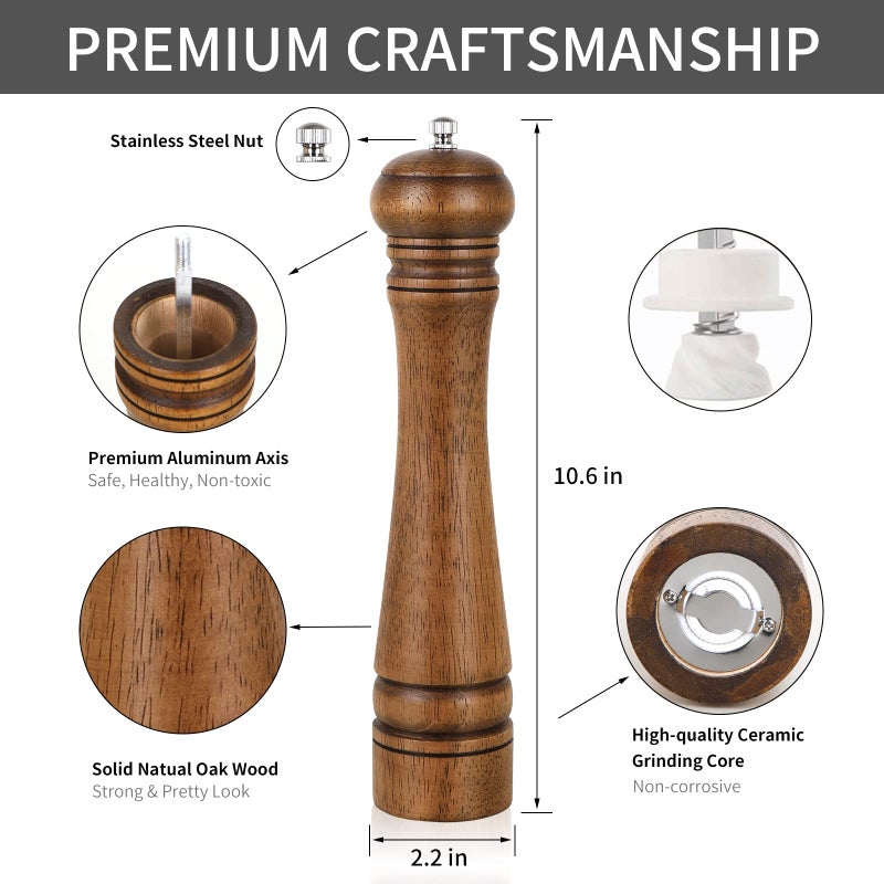 Haomacro Pepper Mill, Haomacro 10 inch Wood Salt Mill Pepper Shaker, Manual Pepper Grinder, Salt Shakers with Adjustable Ceramic Rotor - 1 Pack Refillable Oak Wood Pepper Grinder for Your Kitchen - Image 2