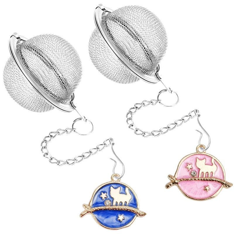 YOIYINI 2Pcs Stainless Steel Mesh Tea Infuser, 2.1 inch Tea Ball with Cute Planet Cat Pendants,Tea Strainer Tea Diffuser Tea Steeper for Filtering Tea,Tea Infusers for Loose Tea - Image 1