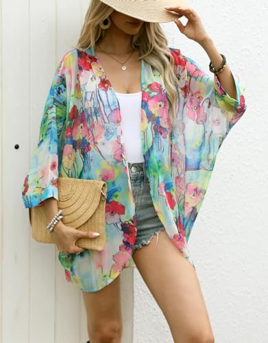 olrain Women's Floral Print Sheer Chiffon 3/4 Bat Sleeve Casual Loose Kimono Cardigan Capes (XX-Large, Color Floral) - Image 4