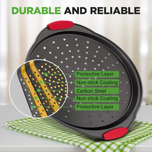 NutriChef 2-Piece 13-Inch Nonstick Pizza Tray, Round Carbon Steel Non-Stick Pizza Pan with Perforated Holes, Premium Bakeware Pizza Screen with Silicone Grip Handles, Dishwasher Safe, NCBPIZX2 - Image 3