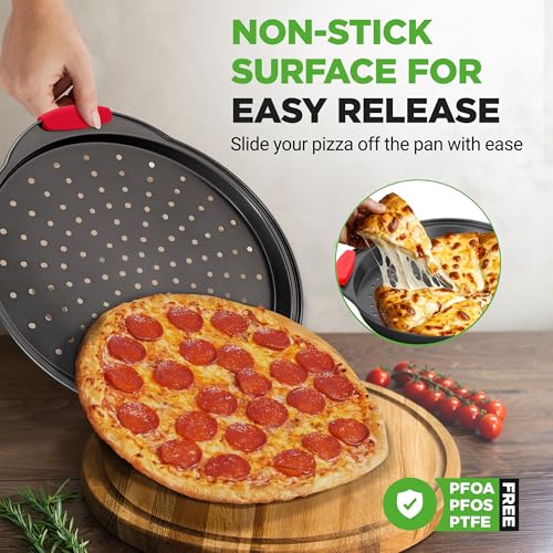 NutriChef 2-Piece 13-Inch Nonstick Pizza Tray, Round Carbon Steel Non-Stick Pizza Pan with Perforated Holes, Premium Bakeware Pizza Screen with Silicone Grip Handles, Dishwasher Safe, NCBPIZX2 - Image 5