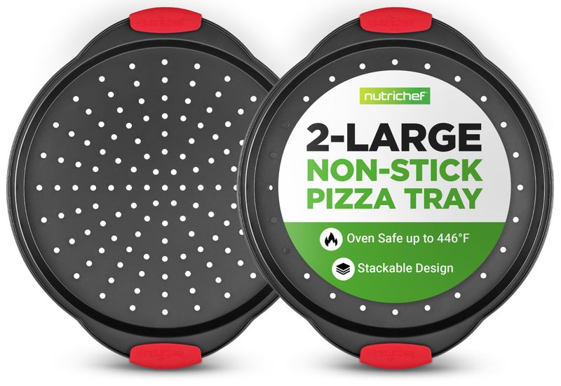 NutriChef 2-Piece 13-Inch Nonstick Pizza Tray, Round Carbon Steel Non-Stick Pizza Pan with Perforated Holes, Premium Bakeware Pizza Screen with Silicone Grip Handles, Dishwasher Safe, NCBPIZX2 - Image 1