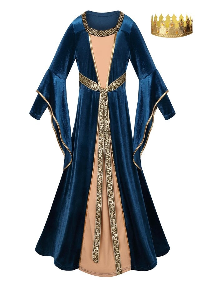 GRAJTCIN Girls Medieval Dress Renaissance Princess for Kids Halloween Outfit Costume Flared Sleeve 2 PCS Blue 4-6Y - Image 1