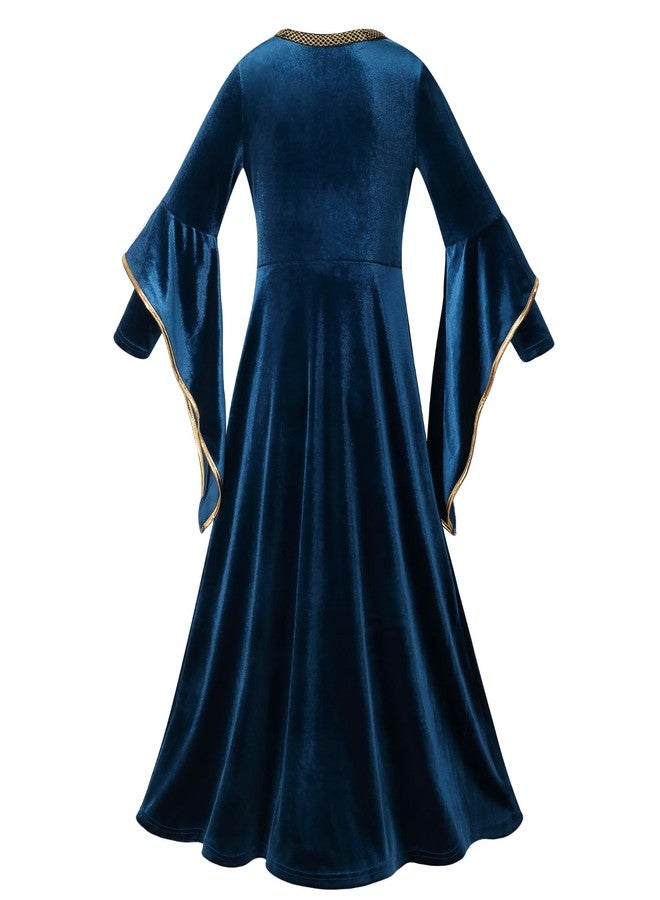 GRAJTCIN Girls Medieval Dress Renaissance Princess for Kids Halloween Outfit Costume Flared Sleeve 2 PCS Blue 4-6Y - Image 2