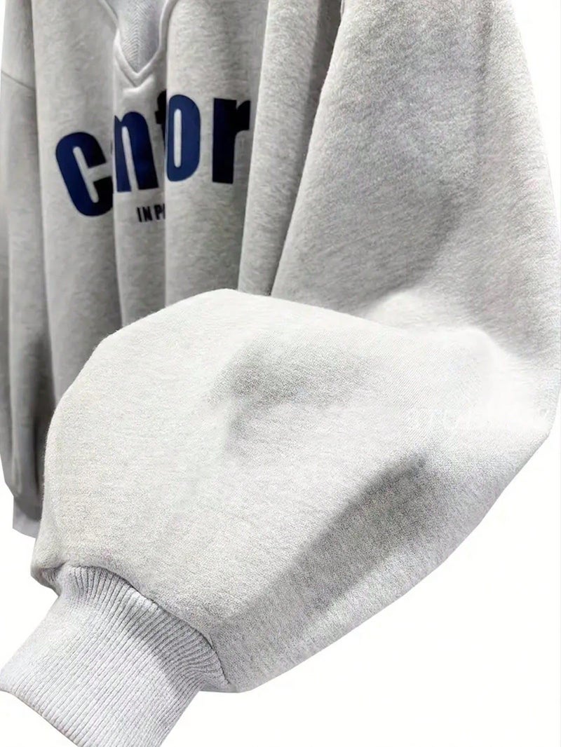 SXV STYLE Comfort in Paris Printed V Neck Letter Graphic Drop Shoulder Grey Baggy Oversized Sweatshirt (in, Alpha, XS, Grey) - Image 4